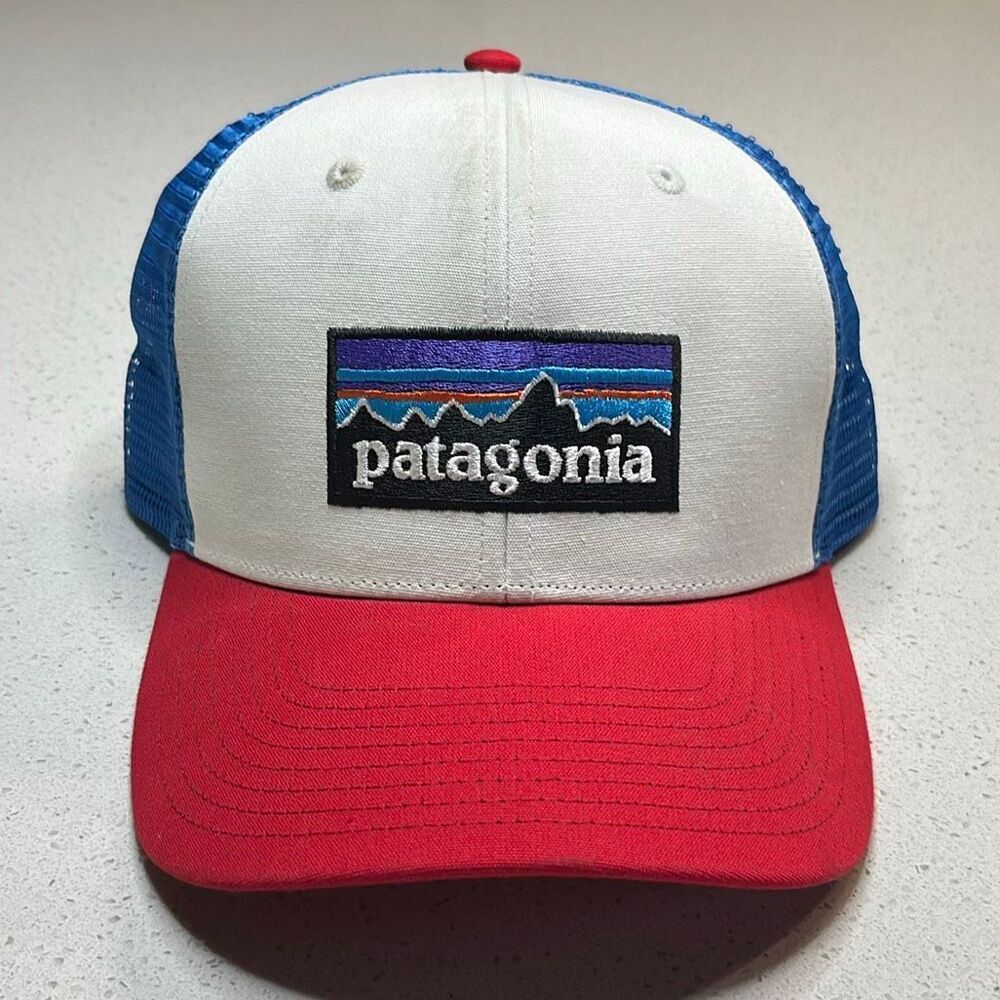 Patagonia P-6 Logo Red White Blue Snap Back Mesh Trucker Hat Cap One Size